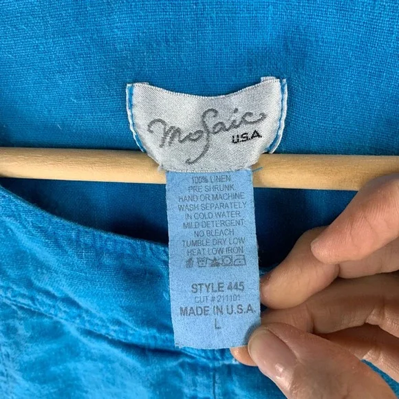 Mosaic‎ USA Top Large Linen Blue Button 3/4 Sleeve Vibrant Lagenlook - Picture 4 of 12